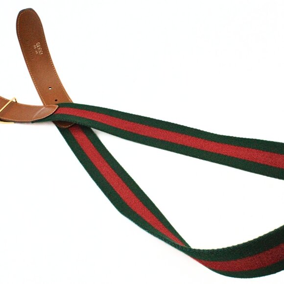 Iconic Authentic Gucci Green Red Classic Fabric Leather Vintage G Buckle Belt main image 12